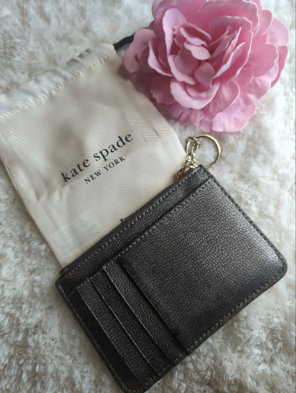 Kate Spade Glitter Rare Zip Coin Purse Wallet Card Holder Silver With Dust Bag